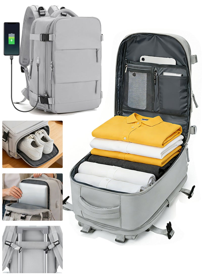 شنطة ظهر للسفر والعمل مع جيب أحذية ومخرج USB، شنطة ظهر لابتوب 15.6 بوصة للرجال والنساء، مقاومة للماء مع جيب رطب، حقيبة ظهر لرحلات العمل، رمادي - Image 1